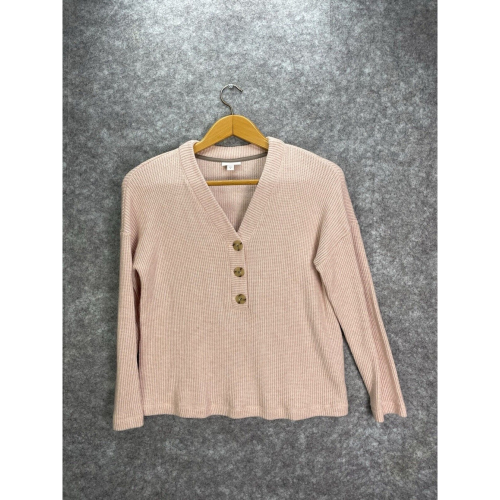 J.Jill Womens V Neck Waffle Knit Henley Button Pullover Sweater Medium Pink Knit